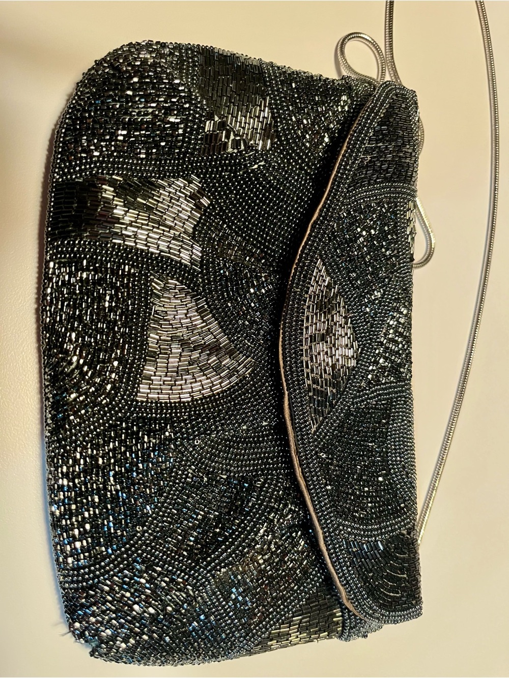 Walborg Navy Beaded Evening Clutch with Silver Strap